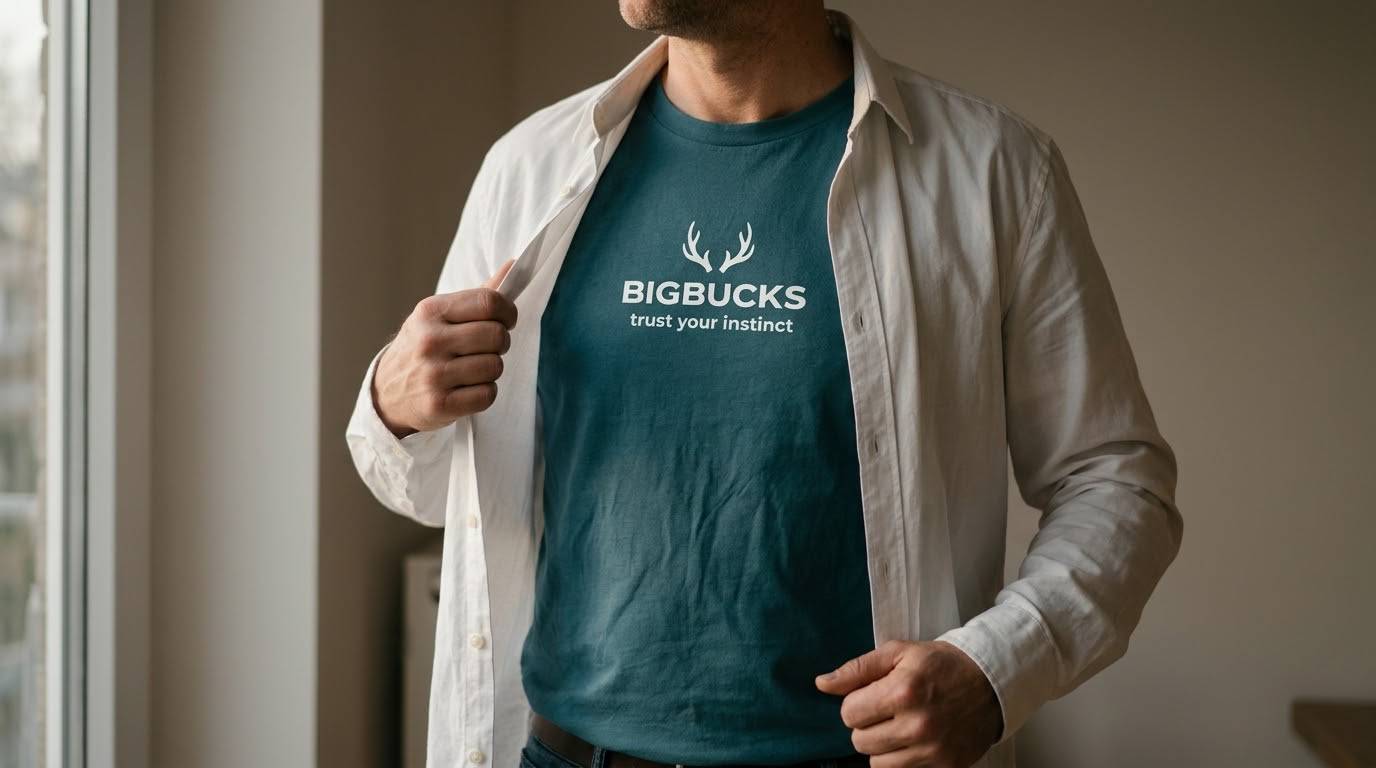 A BigBucks t-shirt folded on a wooden table, printed with the month’s principle