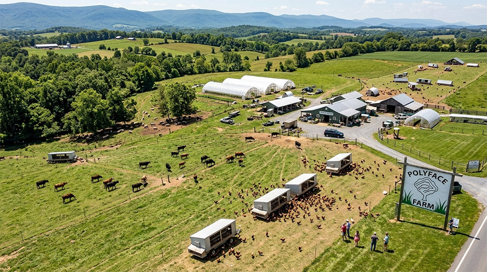 Polyface Farms pasture with rotating livestock, Swoope, Virginia