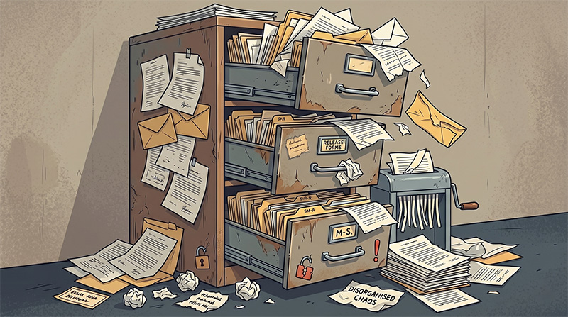 A studio storage room with paper folders and filing cabinets &mdash; the analogue infrastructure of model release archives