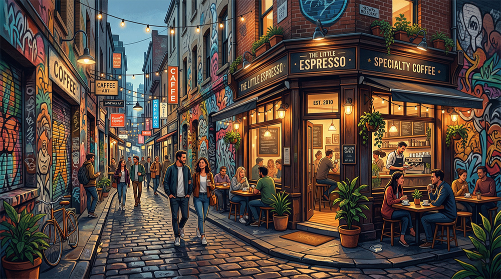 A narrow Melbourne laneway lined with graffiti, morning light, and a queue outside a specialty coffee bar