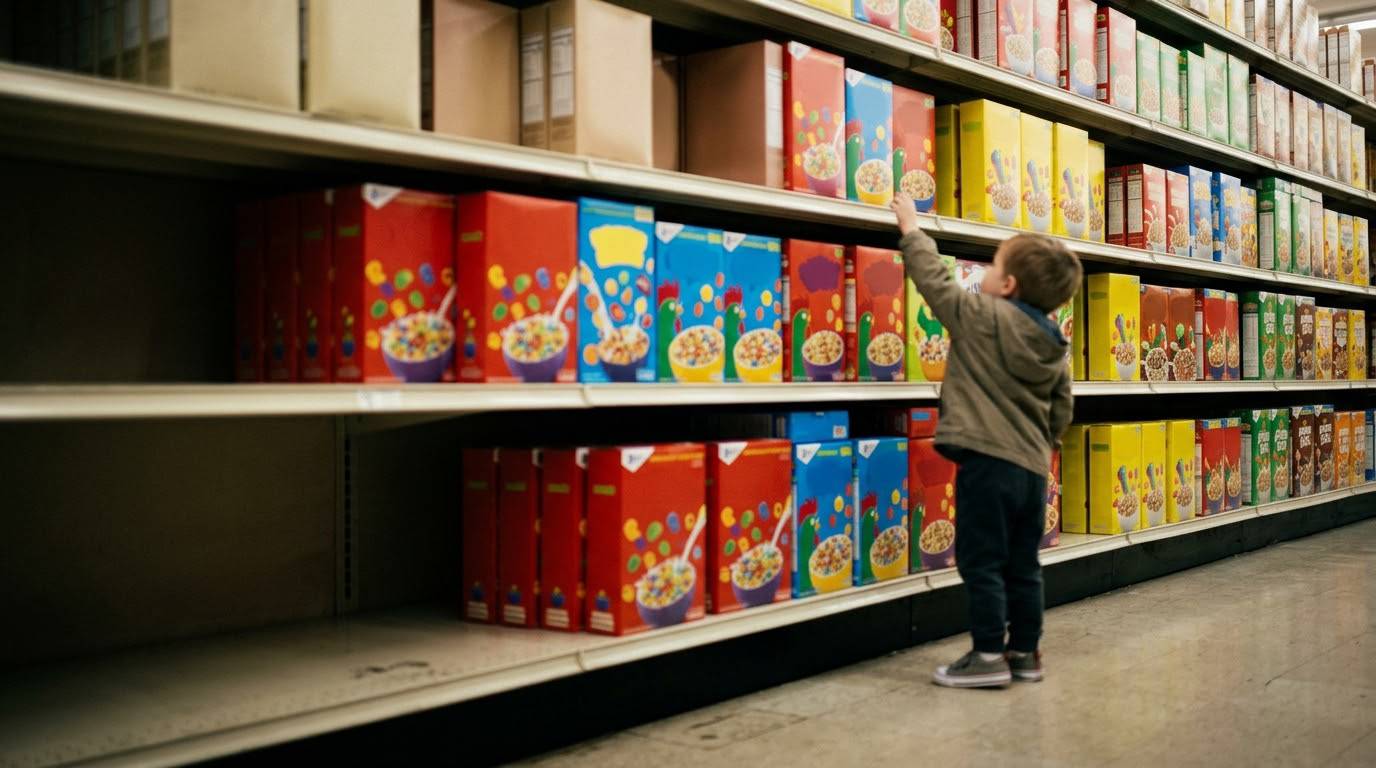 A child-height view of a supermarket cereal aisle lined with brightly coloured boxes, a small child reaching towards one