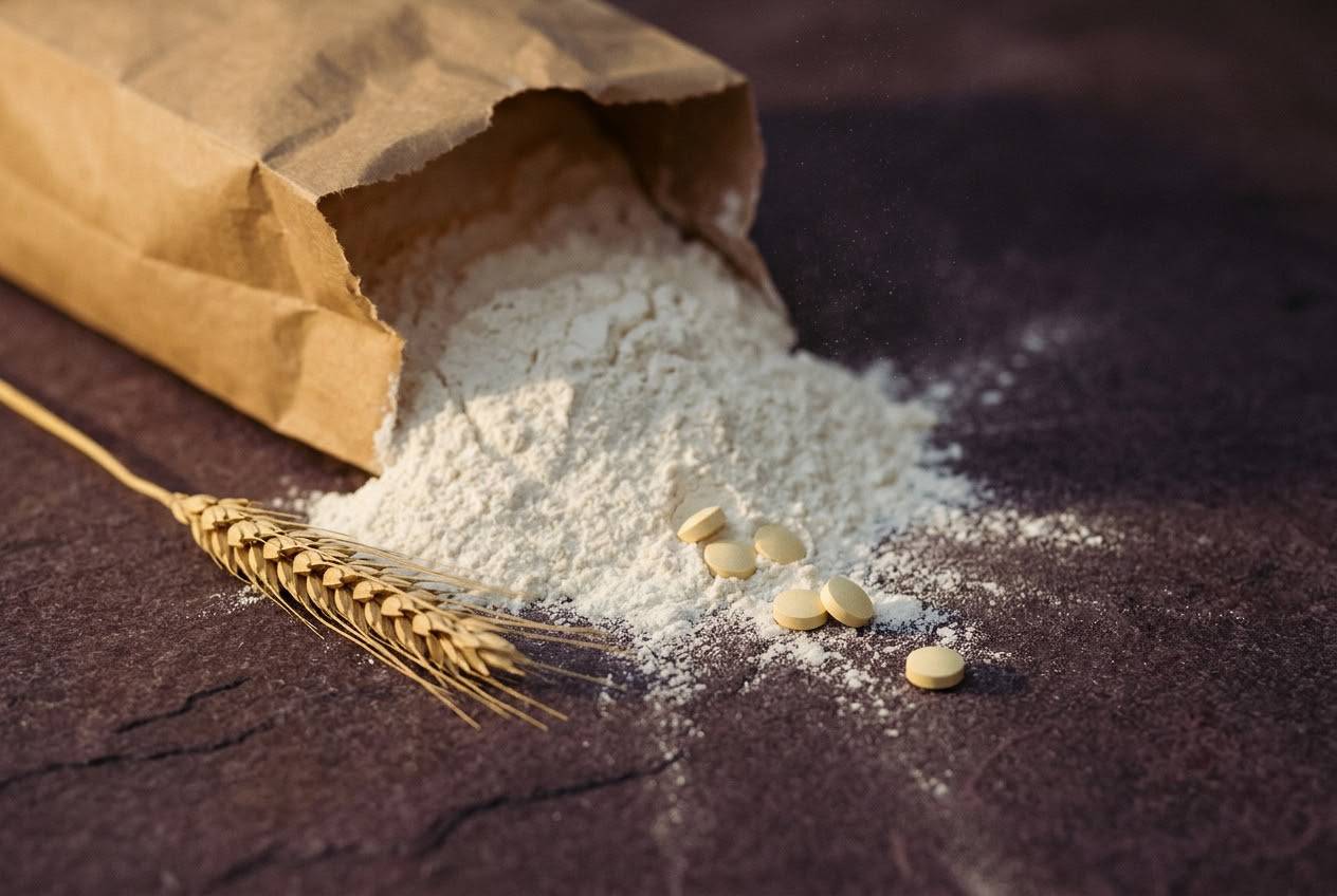 White flour spilling from a torn paper sack beside a stalk of whole wheat and a few pale-yellow tablets